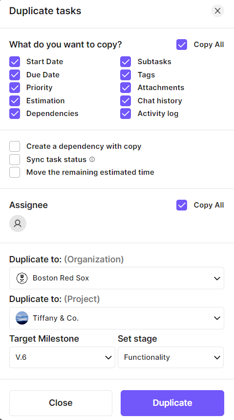 Janela do Worklair para duplicar uma tarefa, com detalhes selecionados, atribuição, destinos de organização e projeto, marco e fase.